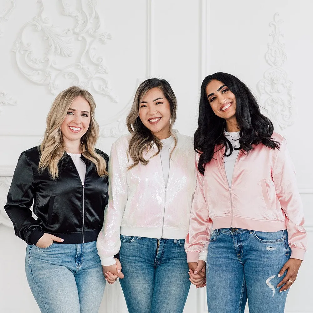 SPARKLY IRIDESCENT PINK SEQUIN BOMBER JACKET - BRIDE